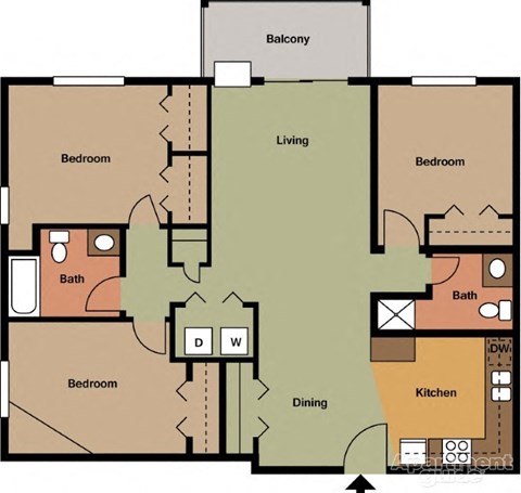 Floor plan for 3 beds, 2 baths, 1216 sqft